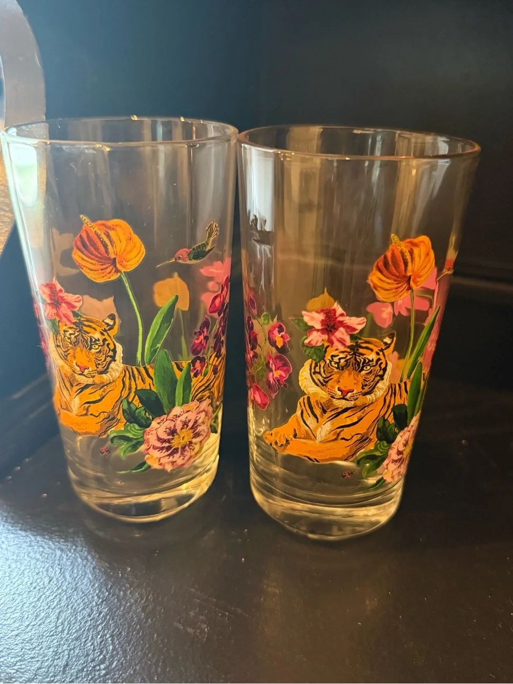 Anthropologie Tiger & Floral Glasses in Orange, Pink, Green